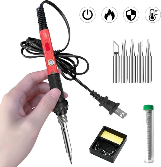 Soldering Kit, 60W Soldering Iron, 110V Welding Kit with Ceramic Heater, Portable Solder Iron Kit with 5Pcs Soldering Tips, Stand, Solder Tube, Sponge