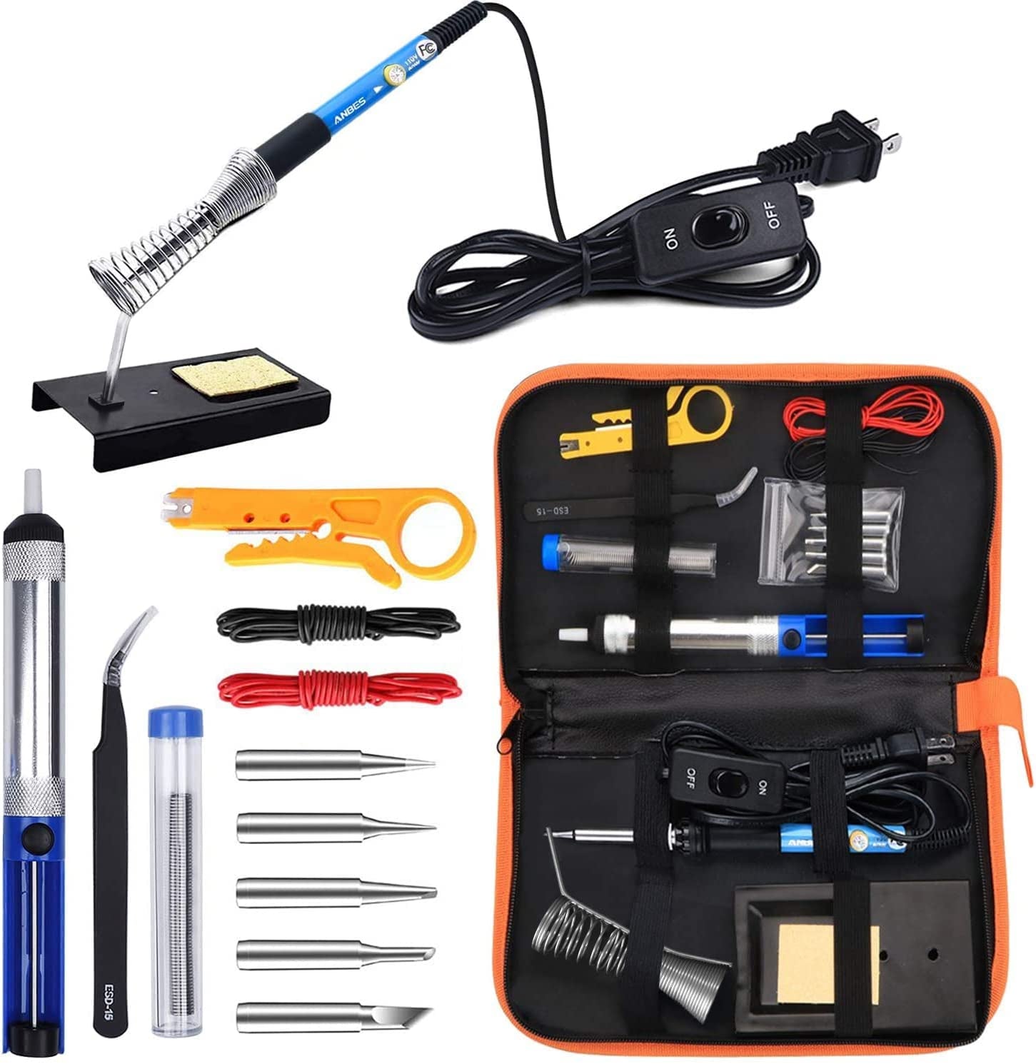 Soldering Iron Kit Electronics, 60W Adjustable Temperature Welding Tool, 5Pcs Soldering Tips, Desoldering Pump, Soldering Iron Stand, Tweezers