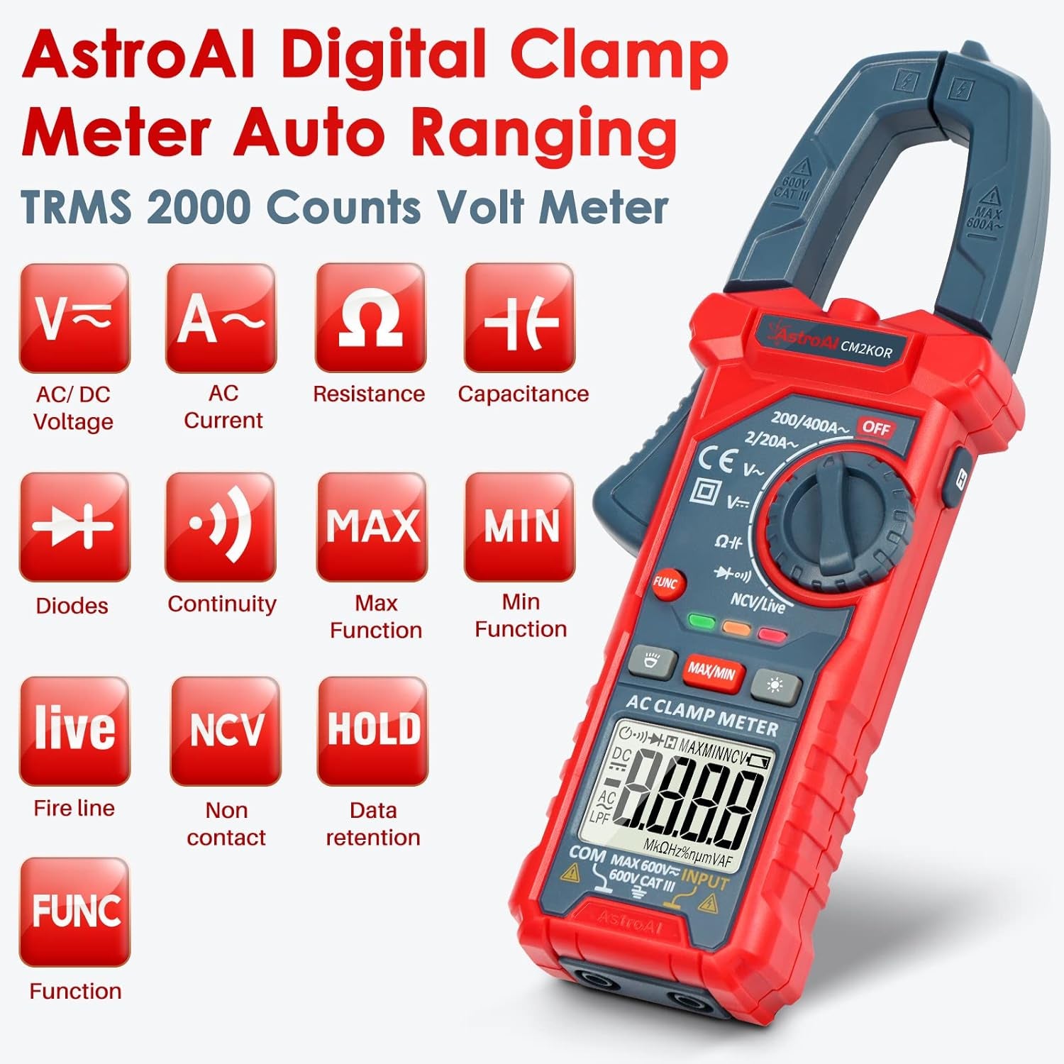 Digital Clamp Meter Multimeter 2000 Counts Amp Voltage Tester Auto-Ranging with AC/DC Voltage, AC Current, Resistance, Capacitance, Continuity, Live Wire Test, Non-Contact Voltage Detection