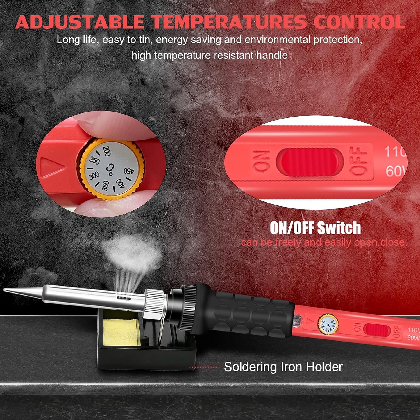 Soldering Kit, 60W Soldering Iron, 110V Welding Kit with Ceramic Heater, Portable Solder Iron Kit with 5Pcs Soldering Tips, Stand, Solder Tube, Sponge