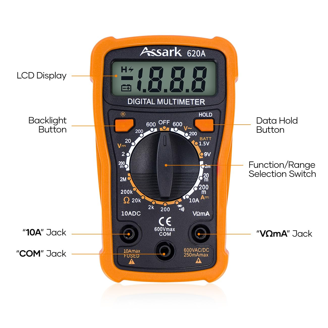 Digital Multimeter Voltage Tester,  2000 Counts Multimeter Measure AC DC Voltage DC Current, Meter Tester Test Volt Ohm Amp Diode Continuity,Resistance,Backlit LCD Display,Data Hold Function