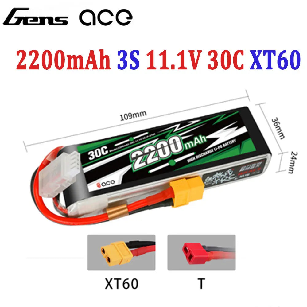 Gens ACE Lipo Battery 1800/2000/2200/2400/2700Mah 2S 3S 4S 6S 7.4V 11.1V 14.8V 22.2V 20C 30C 45C with T/XT60 Plug for FPV Drone