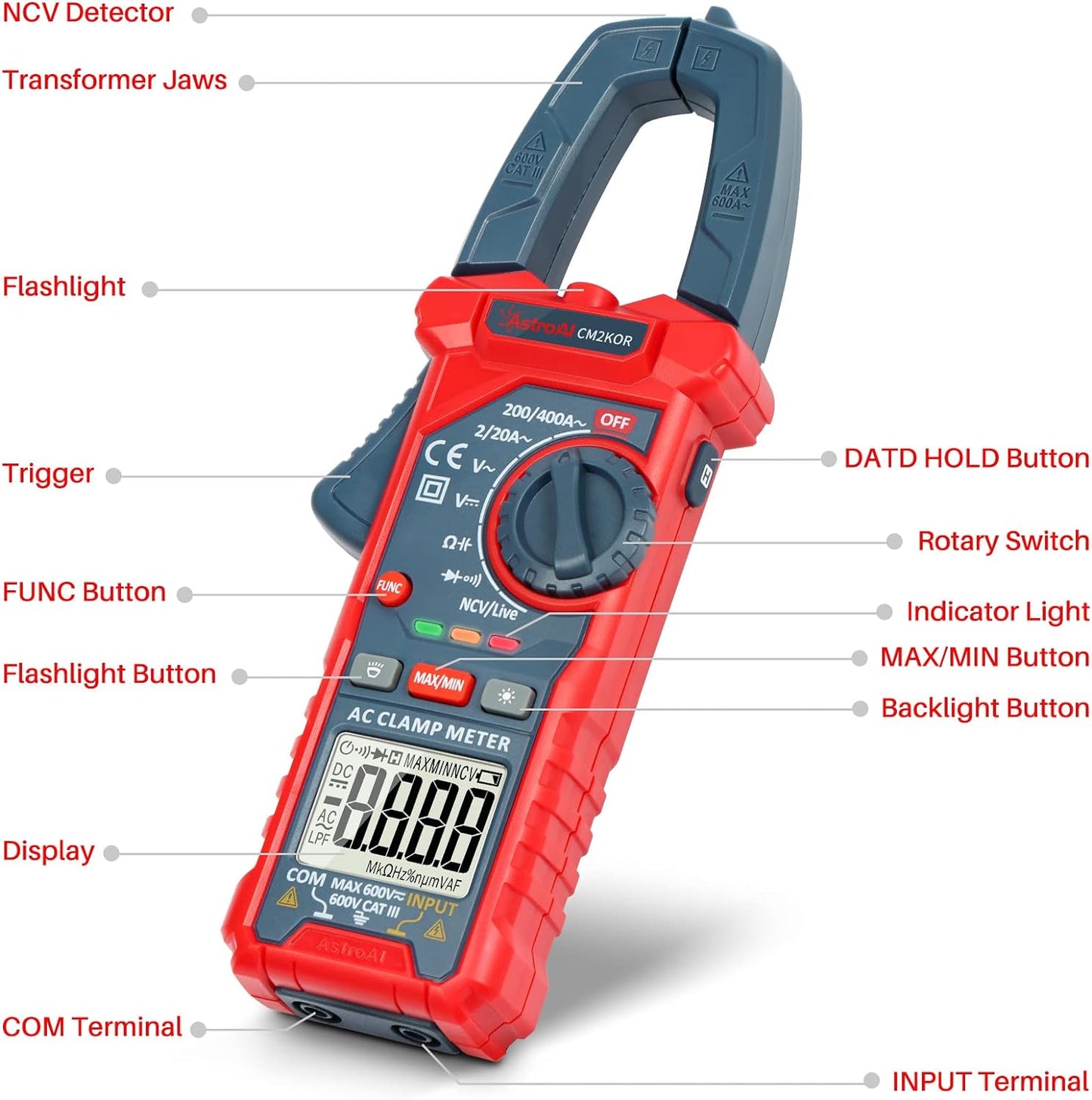 Digital Clamp Meter Multimeter 2000 Counts Amp Voltage Tester Auto-Ranging with AC/DC Voltage, AC Current, Resistance, Capacitance, Continuity, Live Wire Test, Non-Contact Voltage Detection