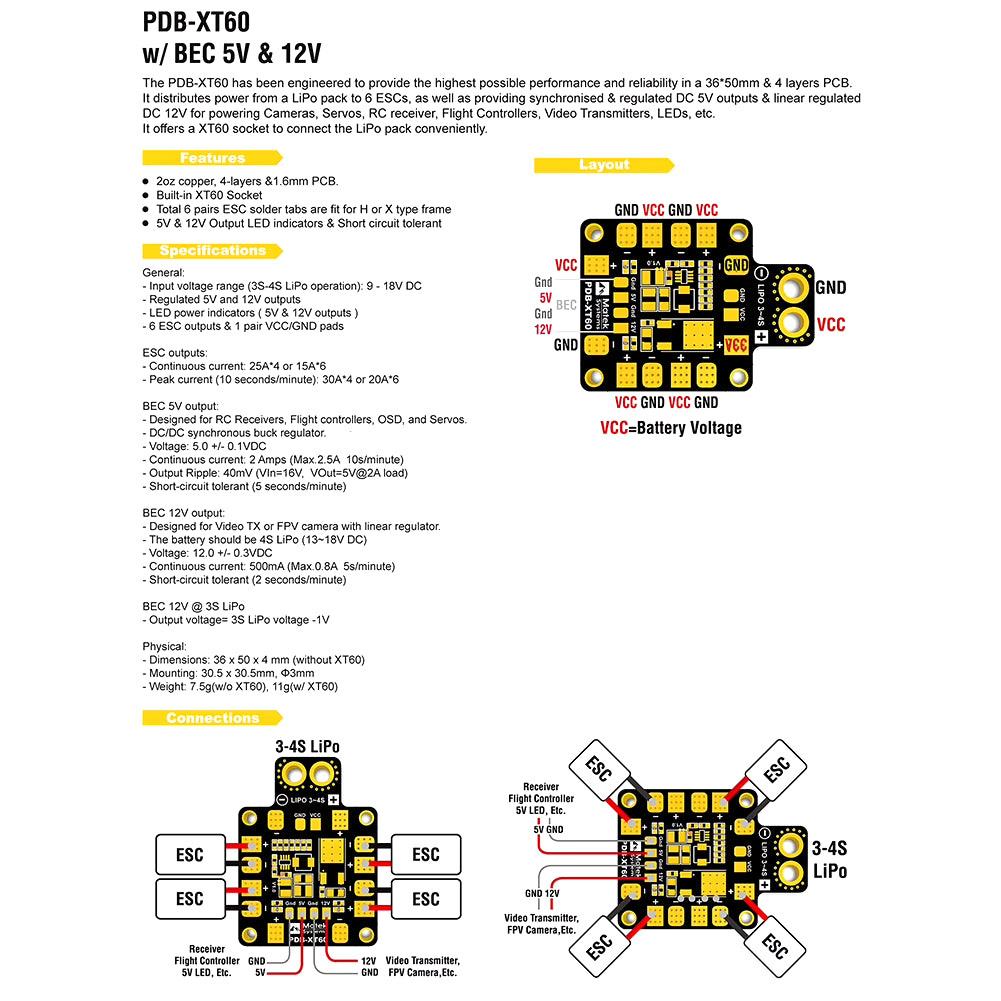 PDB-XT60 W/ BEC 5V&12V Power Distribution Board 3-4S/3-6S for RC FPV Racing Freestyle 4S/6S Drones Multicopter Airplane