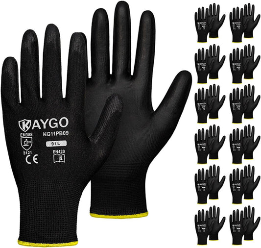 Safety Work Gloves PU Coated-12 Pairs, KG11PB, Seamless Knit Glove with Polyurethane Coated Smooth Grip on Palm & Fingers, for Men and Women, Ideal for General Duty Work (Large, Black)