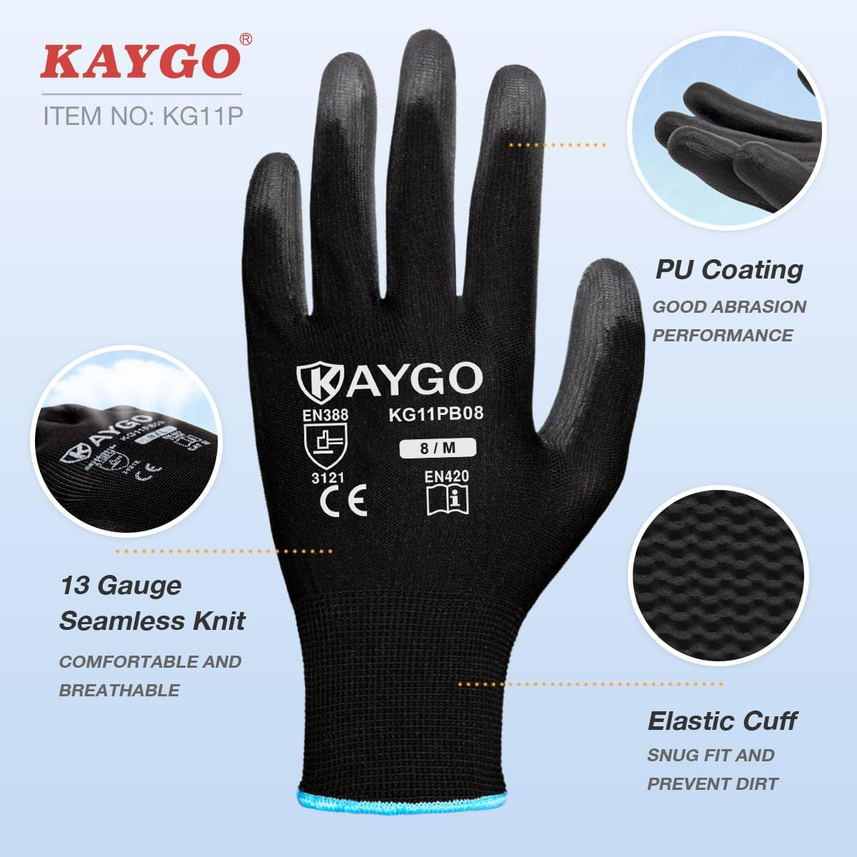 Safety Work Gloves PU Coated-12 Pairs, KG11PB, Seamless Knit Glove with Polyurethane Coated Smooth Grip on Palm & Fingers, for Men and Women, Ideal for General Duty Work (Large, Black)