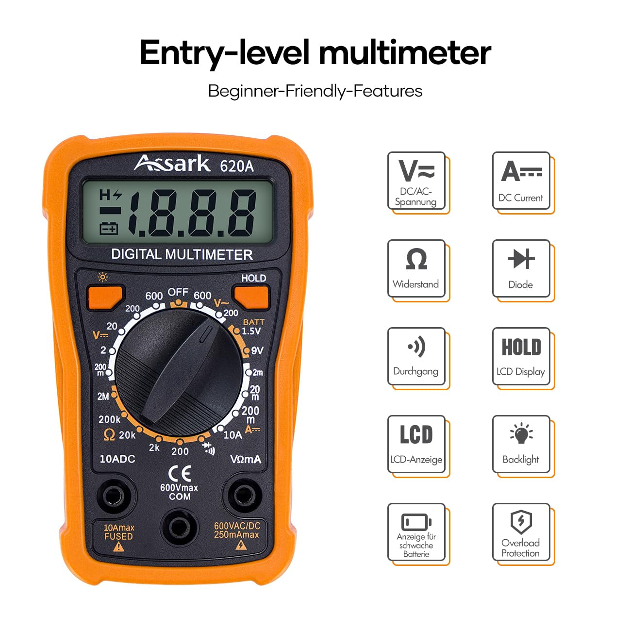 Digital Multimeter Voltage Tester,  2000 Counts Multimeter Measure AC DC Voltage DC Current, Meter Tester Test Volt Ohm Amp Diode Continuity,Resistance,Backlit LCD Display,Data Hold Function