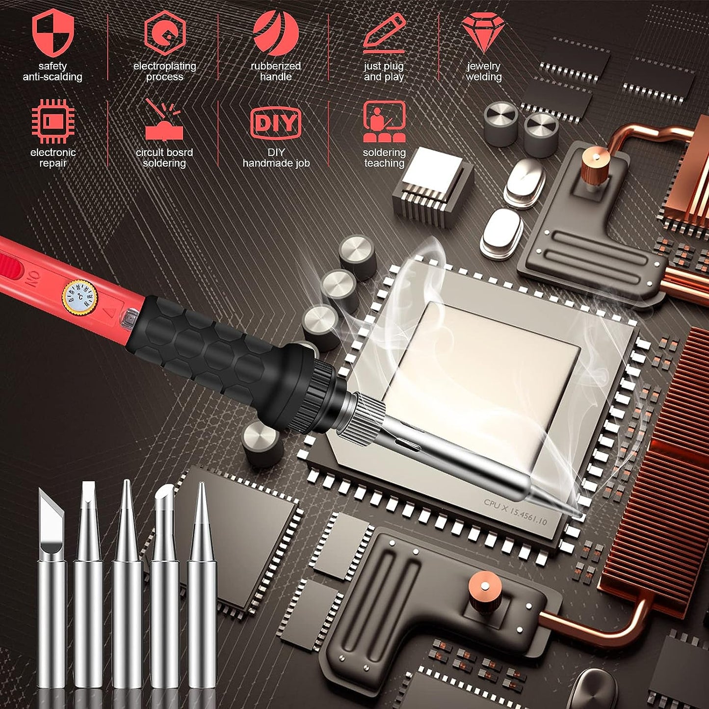 Soldering Kit, 60W Soldering Iron, 110V Welding Kit with Ceramic Heater, Portable Solder Iron Kit with 5Pcs Soldering Tips, Stand, Solder Tube, Sponge